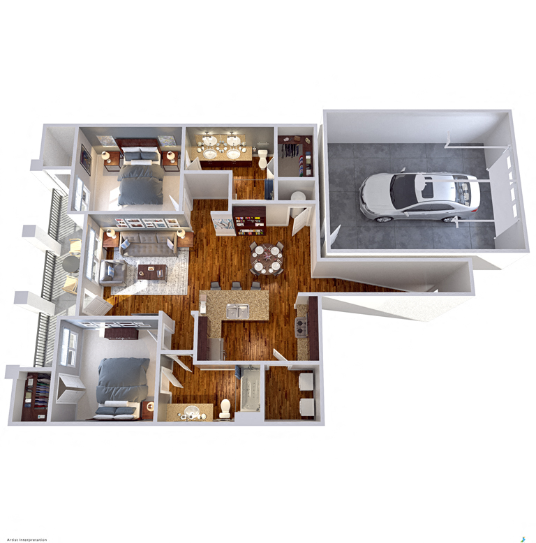 Floor plan for 2 beds, 2 baths, 1046 sqft